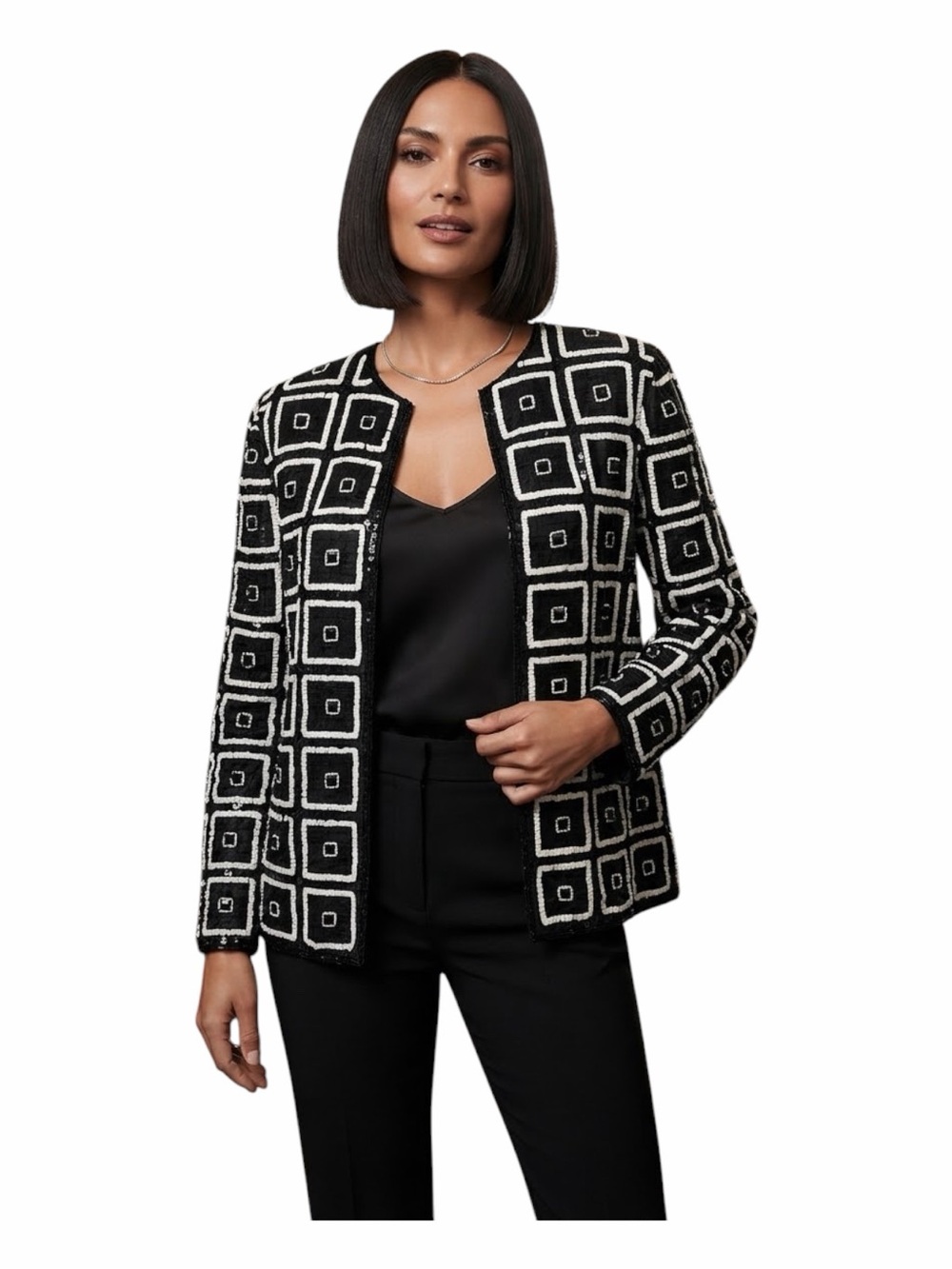 Vintage Lily Pure Silk Black & White Geometric Sequin Beaded Jacket Size S/M